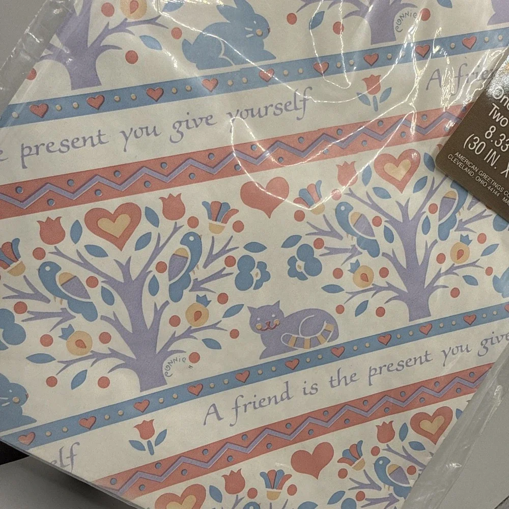Vtg American Greetings Pastel Gift Wrap Wrapping Paper Friend Cats Bunny NOS